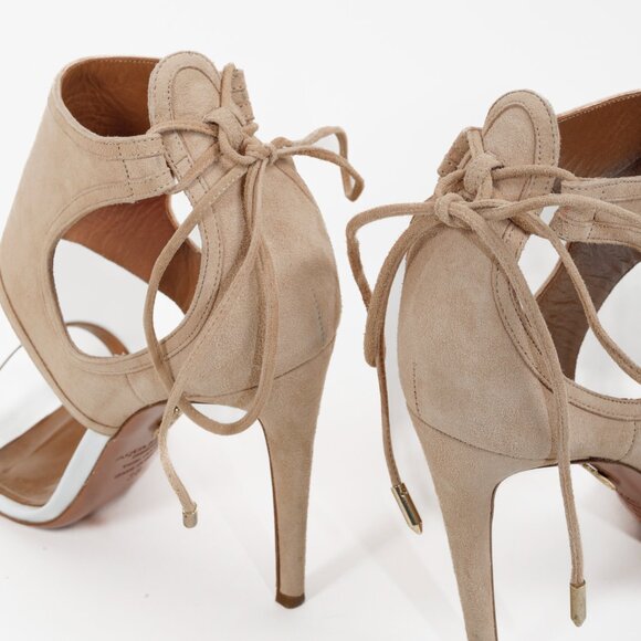Aquazzura Beige & White Suede Sandals Heels - Picture 7 of 9